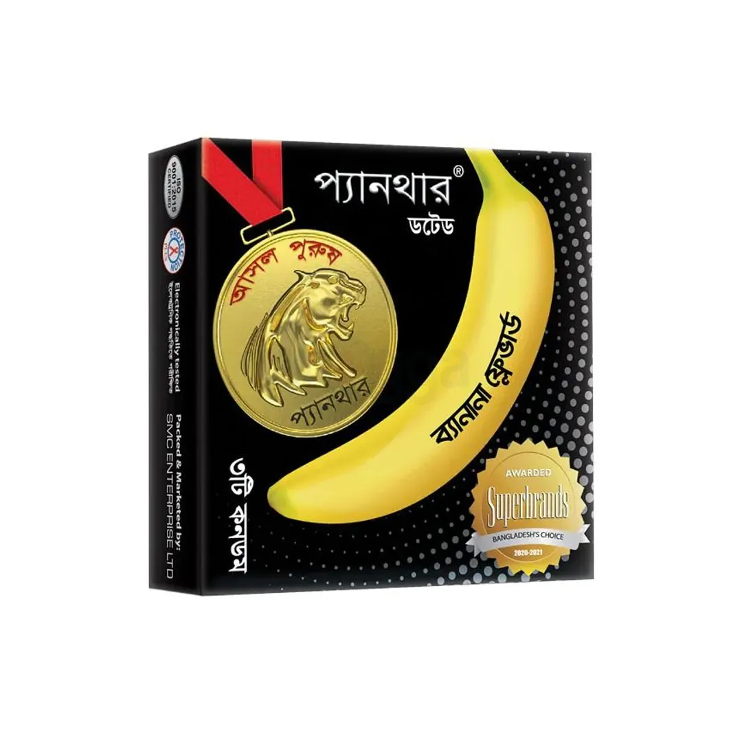 1. প্যানথার কলা ফ্লেভার কনডম প্যাক প্যানথার ডটেড 2. কনডমের টেক্সচার